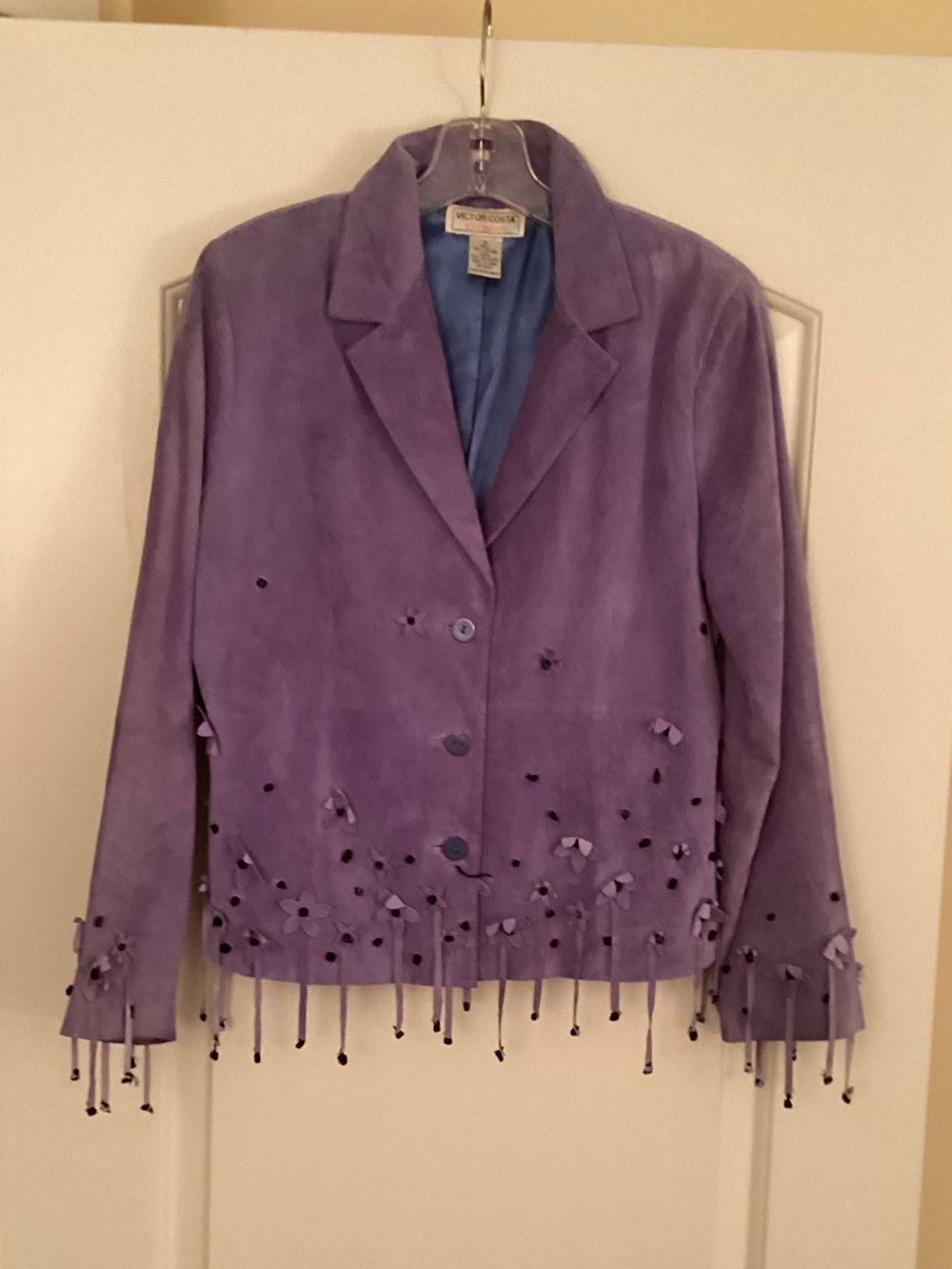 Victor Costa Lavender Suede Fringe & Cutout Jacket